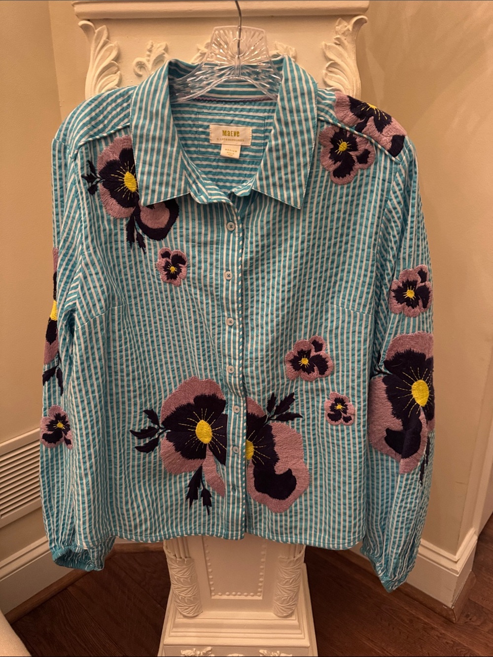 Maeve Teal-Striped Button Down Shirt with Purple Floral Embroidery